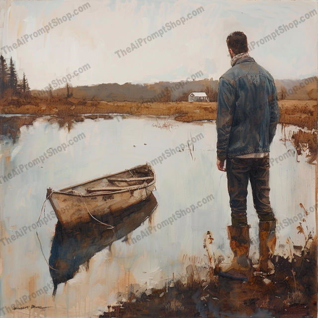 Reflective Moments by the Lake AI MidJourney Image Prompt, 9503 Landscapes & Paintings, midjourney, lake, reflection, serene, peaceful, water, nature, landscape, contemplative, realistic, tranquil, scenery, outdoors, painting, art, stillness, calm, quiet, solitude, person, backview, Midjourney, Ai, Ai Image Prompt, Image Prompt, Prompt