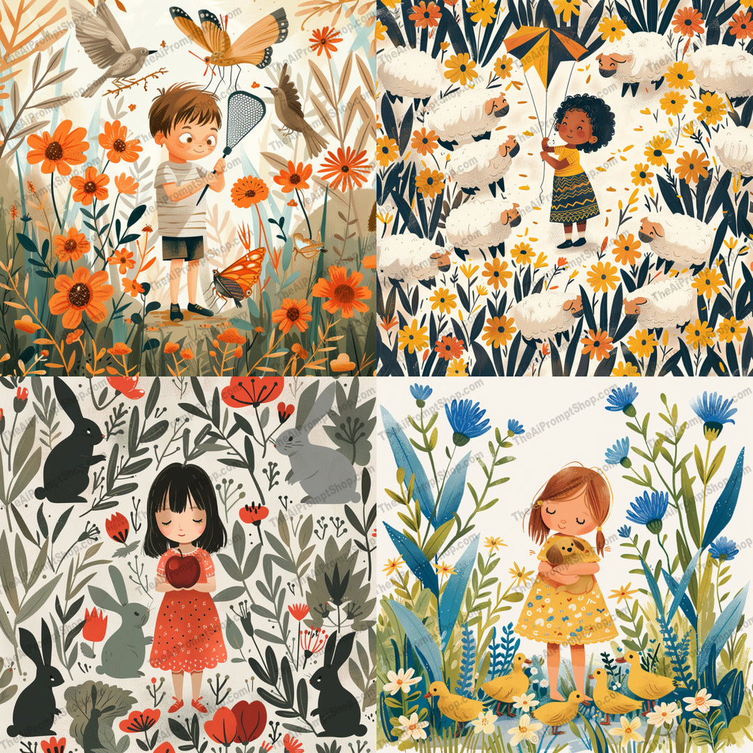 Whimsical Children in Nature AI MidJourney Image Prompt, 9542 Storybook Illustrations, midjourney, whimsical, children, nature, illustration, flowers, animals, playful, colorful, detailed, enchanting, joyful, explore, outdoors, fantasy, innocence, landscape, magic, birds, butterflies, bunnies, Midjourney, Ai, Ai Image Prompt, Image Prompt, Prompt