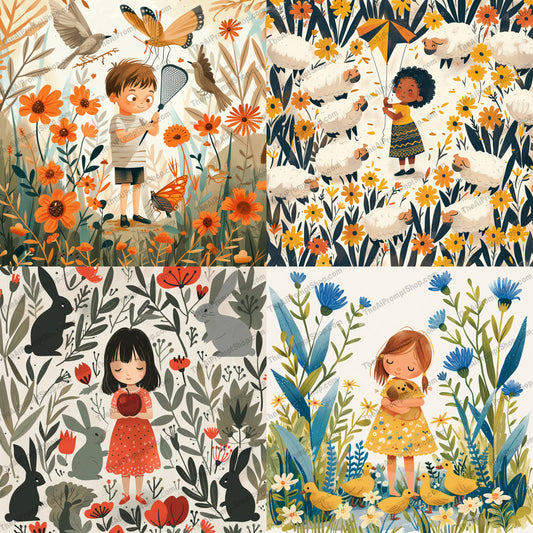 Whimsical Children in Nature AI MidJourney Image Prompt, 9542 Storybook Illustrations, midjourney, whimsical, children, nature, illustration, flowers, animals, playful, colorful, detailed, enchanting, joyful, explore, outdoors, fantasy, innocence, landscape, magic, birds, butterflies, bunnies, Midjourney, Ai, Ai Image Prompt, Image Prompt, Prompt