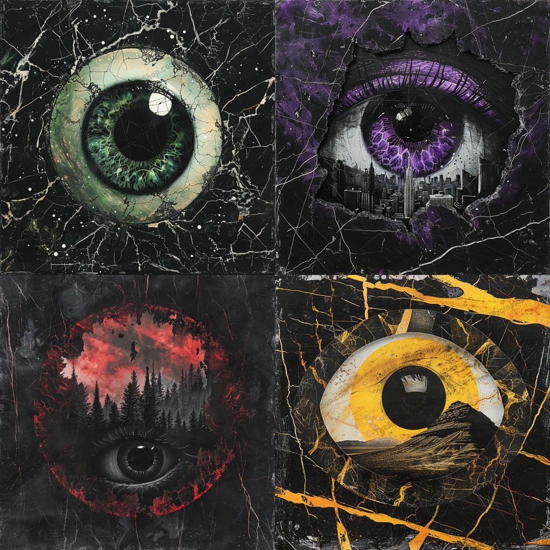 Abstract Eyes AI MidJourney Image Prompt, 8730 — Create striking surreal eye artwork with fractured textures, vivid irises, shadowy backgrounds, and… — cover image