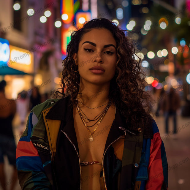 Urban Nightlife Portrait AI MidJourney Image Prompt, 8232bustling city lights, chicmidjourney, city, diverse, dynamic, energy, evening, fashion, metropolitan, modern, neon lights, night scene, portrait, street style, style, trendy, urban nightlife, vibrant