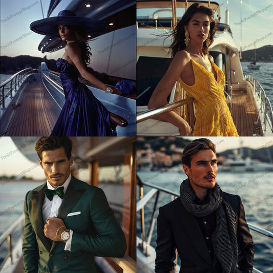 Stylish Yacht Fashion AI MidJourney Image Prompt, 9331 Portraits & People, midjourney, yacht fashion, luxury, elegance, stylish, sophistication, boat lifestyle, high-class, meticulously styled, refined attire, fashionable, chic, nautical, upscale, exclusive, model photography, yachting, luxurious, high-end fashion, accessories, dockside, Midjourney, Ai, Ai Image Prompt, Image Prompt, Prompt