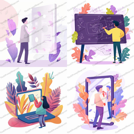 Educational Illustration Art AI MidJourney Image Prompt, 9159 Animation & Cartoons, midjourney, education, illustration, technology, innovation, learning, characters, pastel colors, flat design, digital, traditional, whimsical, creative, artwork, teaching, studying, leaves, kids, school, modern, vibrant, Midjourney, Ai, Ai Image Prompt, Image Prompt, Prompt