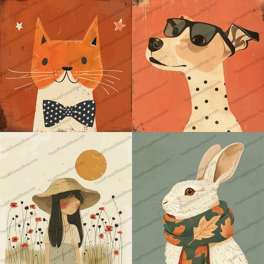 Whimsical Animal and Character Portraits AI MidJourney Image Prompt, 9637 Storybook Illustrations, midjourney, whimsical, animal portraits, character art, cat, dog, rabbit, girl, bowtie, sunglasses, scarf, sunflower garden, vintage, playful, heartwarming, illustration, art, decor, charming, endearing, stylish, warm color palette, vintage style, Midjourney, Ai, Ai Image Prompt, Image Prompt, Prompt