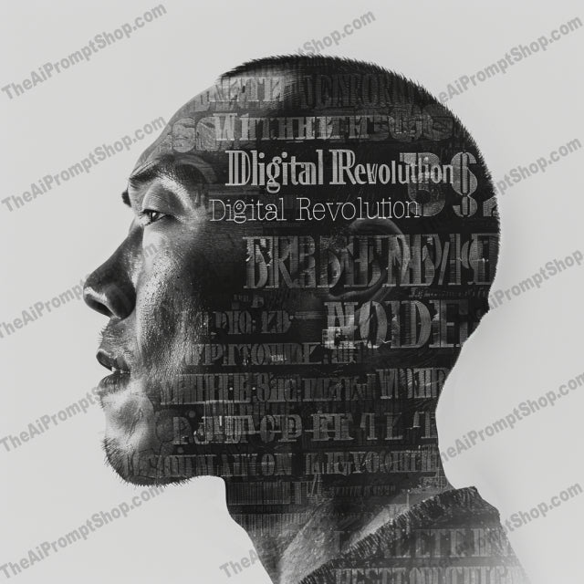 Innovative Silhouette Art AI MidJourney Image Prompt, 8196artistic, black and white, contemporary art, creative, digital art, futuremidjourney, futuristic, graphic design, head profile, innovative design, monochrome, side profile, silhouette modern art, sleek, stylish, tech words, technology, typography