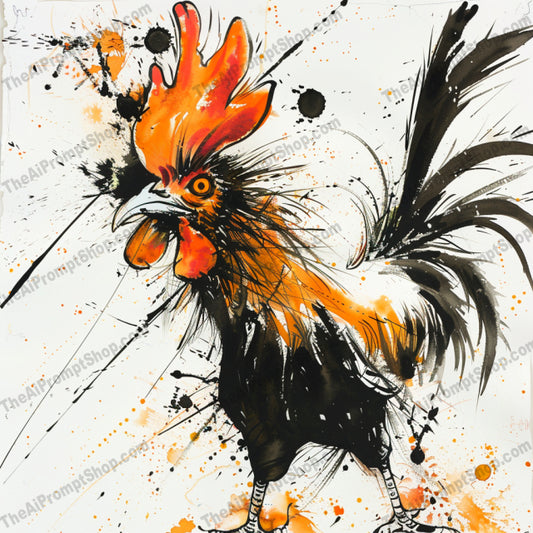 Splatter Style Rooster AI MidJourney Image Prompt, 8772 Animals, midjourney, rooster, splatter art, abstract, vibrant, dynamic, colorful, expressive, bold, modern art, animals, birds, farm life, artistic, creative, unique, eye-catching, decor, illustration, watercolor style, ink splatter, Midjourney, Ai, Ai Image Prompt, Image Prompt, Prompt