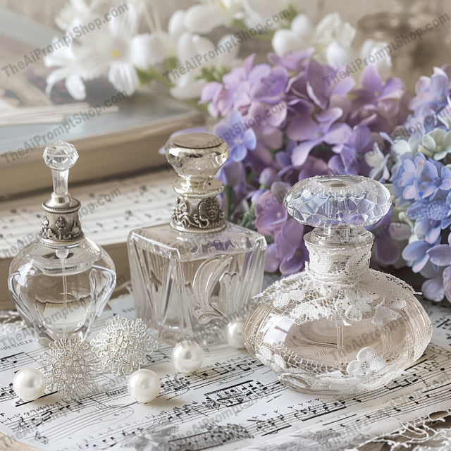Vintage Floral Still Life Art AI MidJourney Image Prompt, 8084antique perfume bottles, artistic prints, classic elegance, delicate flowers, elegant decor, feminine decor, floral still life, home decor, intricate details, midjourney, nostalgic art, old-world charm, refined decor, romantic art, soft pastels, sophisticated decor, timeless beauty, vintage luxury, vintage perfume art, vintage-inspired art