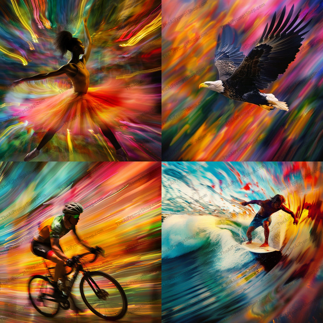 Dynamic Motion and Color AI MidJourney Image Prompt, 9622 Portraits & People, midjourney, dynamic, motion, vibrant, colorful, athleticism, nature, energy, intensity, blurred background, movement, sports, dance, eagle, surfing, cycling, action, artistic, modern, expressive, visual impact, Midjourney, Ai, Ai Image Prompt, Image Prompt, Prompt