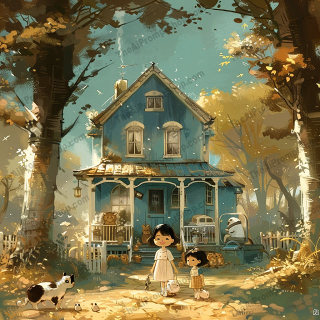 AI MidJourney Image Prompt, Homestead Harmony, 4946Autumnal cats, Canine curiosity, chat gpt, chat gpt prompts, chatgpt, chatgpt prompts, Childhood simplicity, Feline friends, Golden hour glow, midjourney, Nostalgic homelife, Playful puppies, Rural tranquility, Serene backyards, Storybook Illustrations, Suburban tales
