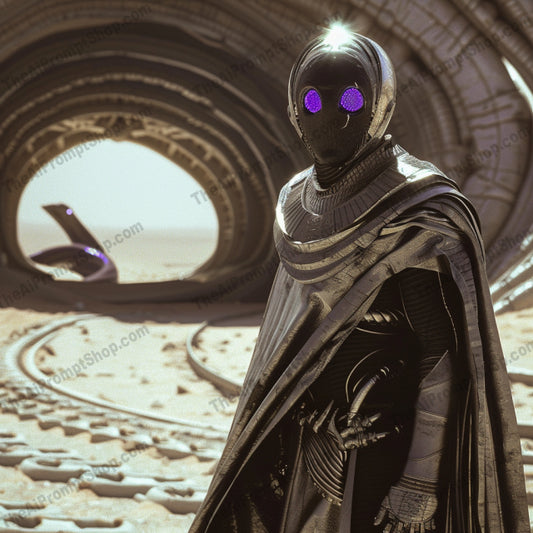 Futuristic Sovereign Chronicles AI MidJourney Image Prompt, 8406advanced robot, Ai, Ai Image Prompt, cloaked figure, cutting-edge technology, cybernetic, desert landscape, dramatic, dystopian, Fantasy, futuristic, futuristic medieval, glowing eye, Image Prompt, majestic hall, midjourney, ornate apparel, Prompt, regal characters, robot, royalty, sci-fi, stark architecture, technological designs, visionary