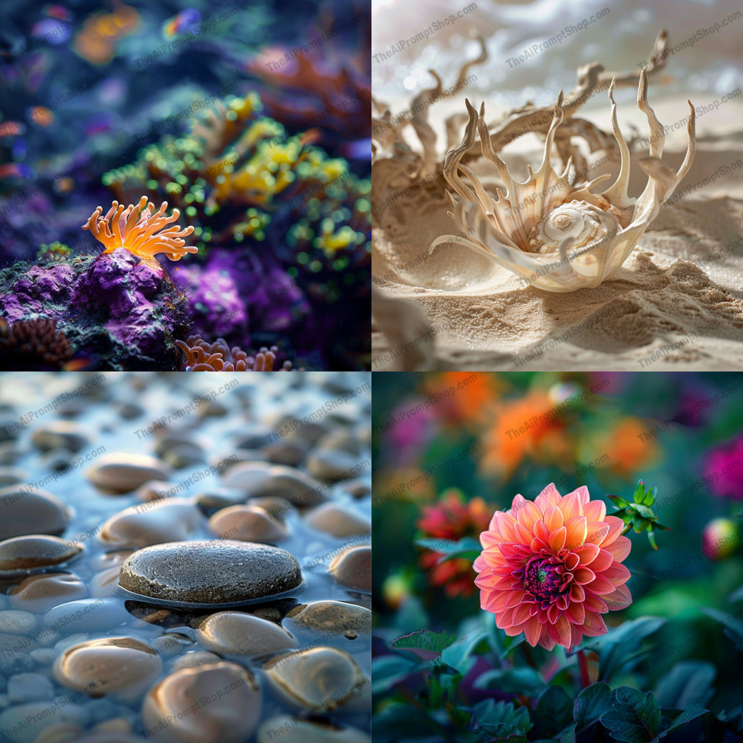 Artistic Nature Scenes AI MidJourney Image Prompt, 9292 Landscapes & Paintings, midjourney, nature, coral reefs, seashells, sand, pebbles, water, flowers, blooming, vibrant, beautiful, intricate, natural, diverse, mesmerizing, artistic, detailed, colorful, outdoors, scenic, tranquil, Midjourney, Ai, Ai Image Prompt, Image Prompt, Prompt
