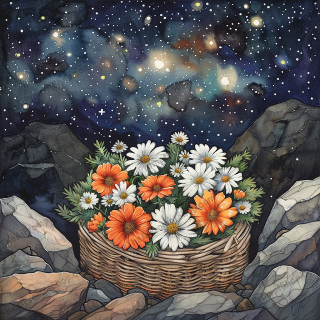 Starry Night Flower Basket AI MidJourney Image Prompt, 9655 Florals, midjourney, flower basket, starry night, wicker basket, vibrant flowers, botanical art, celestial background, dreamy aesthetic, surreal art, night sky, floral arrangement, colorful flowers, nature art, cosmic art, garden blooms, basket of flowers, star-filled sky, floral fantasy, floral illustration, blooming flowers, galactic art, Midjourney, Ai, Ai Image Prompt, Image Prompt, Prompt
