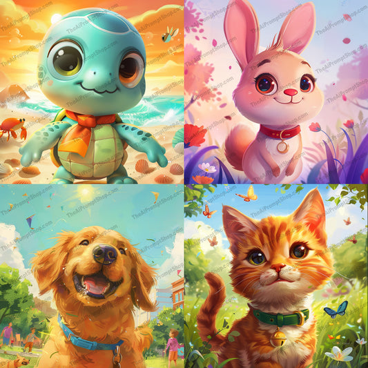 Adorable Animal Companions AI MidJourney Image Prompt, 9420 Character Art, midjourney, cute, adorable, animals, turtle, rabbit, dog, golden retriever, kitten, pet, beach, park, garden, illustration, digital art, playful, loving, colorful, vibrant, nature, wildlife, Midjourney, Ai, Ai Image Prompt, Image Prompt, Prompt
