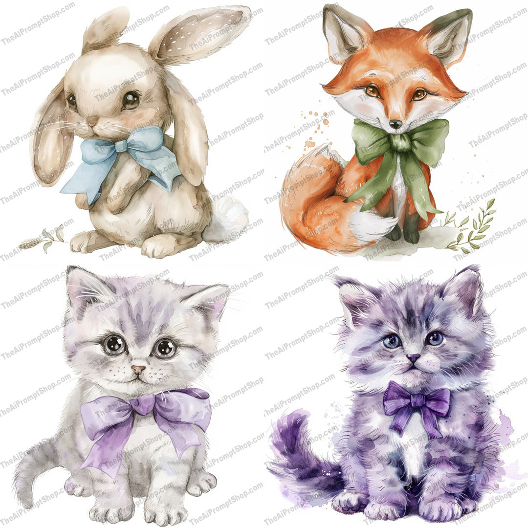 Cute Animal Art AI MidJourney Image Prompt, 9394 Animals, midjourney, cute animals, rabbit, fox, kittens, animal illustration, whimsical art, watercolor animals, adorable pets, animal with bow, charming animals, furry friends, cute pets, art for kids, baby animals, illustrated animals, animal portrait, delicate art, whimsical illustration, storybook art, anthropomorphic animals, Midjourney, Ai, Ai Image Prompt, Image Prompt, Prompt