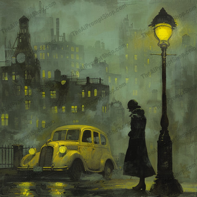 Vintage Noir Scene Illustration AI MidJourney Image Prompt, 8802 Coloring Pages, midjourney, vintage, noir, retro, classic, mid-20th century, illustration, dark tones, mysterious, trench coat, old-fashioned car, street lamps, nostalgia, suspense, urban scene, rainy night, cityscape, shadowy figure, timeless, atmospheric, moody, Midjourney, Ai, Ai Image Prompt, Image Prompt, Prompt