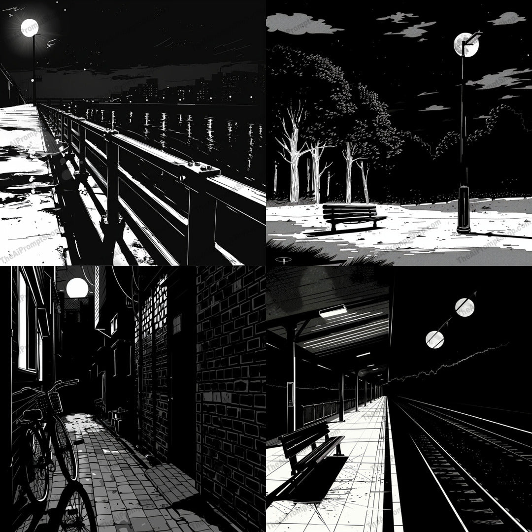 Noir Cityscapes AI MidJourney Image Prompt, 8718 Landscapes & Paintings, midjourney, noir, cityscape, urban, monochrome, black and white, night, streetlights, silhouette, mystery, cinematic, artwork, solitude, shadow, glow, silent, streets, alley, station, bench, trees, Midjourney, Ai, Ai Image Prompt, Image Prompt, Prompt