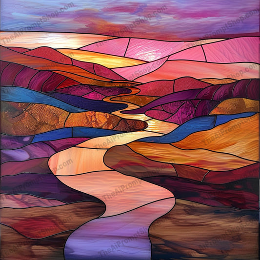 Abstract Landscape Art Glass AI MidJourney Image Prompt, 8225abstract landscape art, artistic design, colorful, decorativemidjourney, forest, glass, modern art, moon, mountains, nature, night sky, pattern, river, scenic, stained glass, sun, vibrant, visual art