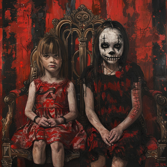AI MidJourney Image Prompt, Gothic Assembly, 4867Abandoned innocence, chat gpt, chat gpt prompts, chatgpt, chatgpt prompts, Creepy doll motif, Creepy mannequins, Dark portraits, Disturbing figures, Eerie group, Ghostly visages, Gothic attire, Haunted expressions, Haunting childhood, Macabre gathering, midjourney, Mysterious assembly, Red monochrome, Scary, Sinister playtime, Victorian horror, Vintage terror