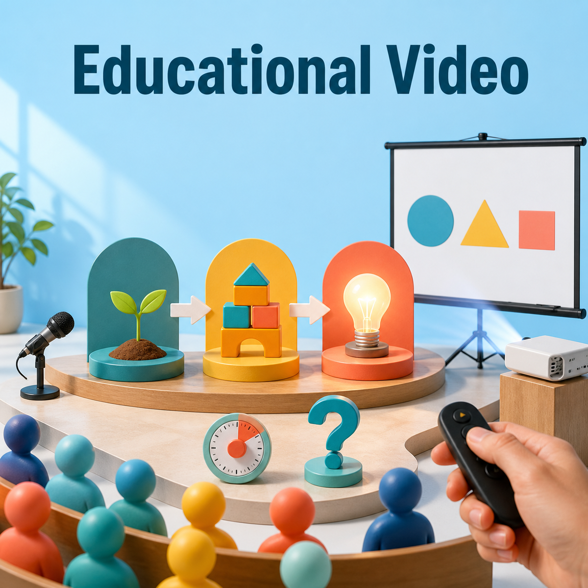 Bright Educational Video cover showing a teaching stage, projector, lesson objects, audience figures, microphone, timer, question mark, and clicker.