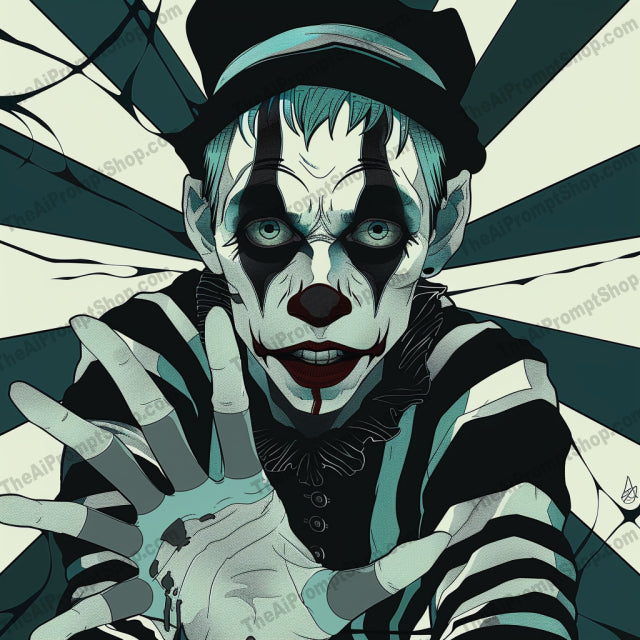 AI MidJourney Image Prompt, Monochrome Masquerade, 4875Bizarre harlequins, Black and white clowns, chat gpt, chat gpt prompts, chatgpt, chatgpt prompts, Clown phobias, Creepy clowns, Dark carnival, Dramatic expressions, Eerie entertainers, Face paint fears, Gothic jesters, Grayscale art, Grotesque mimics, Haunting harlequins, Macabre mimes, midjourney, Monochromatic madness, Scary, Sinister circus, Surreal performers