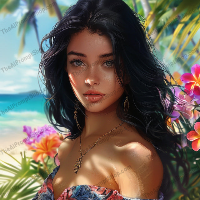 Tropical Beach Vibes Portrait AI MidJourney Image Prompt, 8159carefree, coastal, floral, island life, midjourney, nature, ocean, palm trees, paradise, relaxed, scenic, seaside, summer, sunlight, sunset, tropical beach, tropical shirt, vacation, vibrant, waves