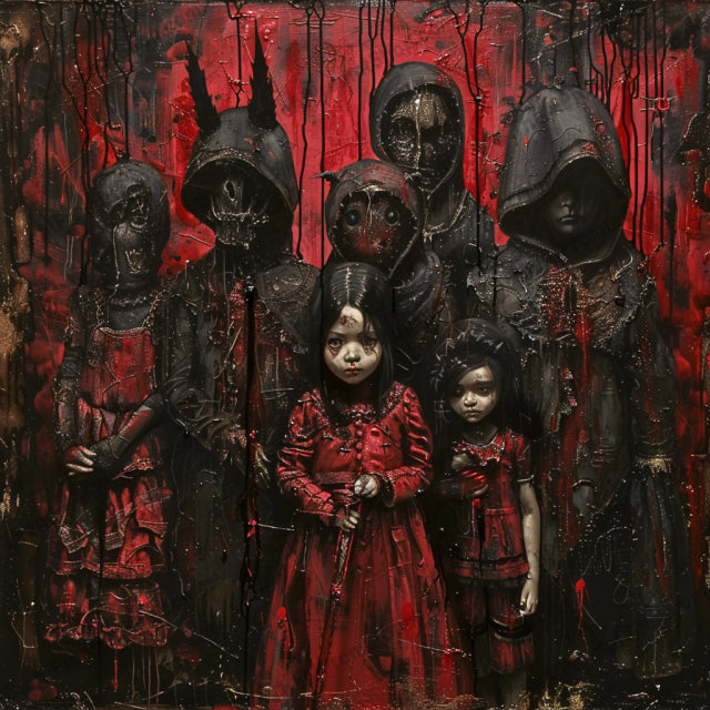 AI MidJourney Image Prompt, Gothic Assembly, 4867Abandoned innocence, chat gpt, chat gpt prompts, chatgpt, chatgpt prompts, Creepy doll motif, Creepy mannequins, Dark portraits, Disturbing figures, Eerie group, Ghostly visages, Gothic attire, Haunted expressions, Haunting childhood, Macabre gathering, midjourney, Mysterious assembly, Red monochrome, Scary, Sinister playtime, Victorian horror, Vintage terror