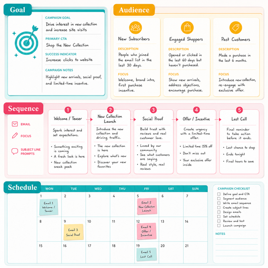 Email campaign planning pages for mapping goals, audiences, messages, and schedules.
