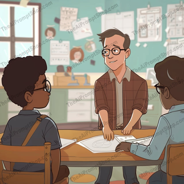 AI MidJourney Image Prompt, Learning Curves in Animation, 51503D school environment, Academic animation, Animated pedagogy, Animated teaching, Animation, cartoon, Character learning, Classroom setting, Creative educational scene, Educational illustration, Engaging students, Knowledge exploration, midjourney, School life depiction, Youthful curiosity