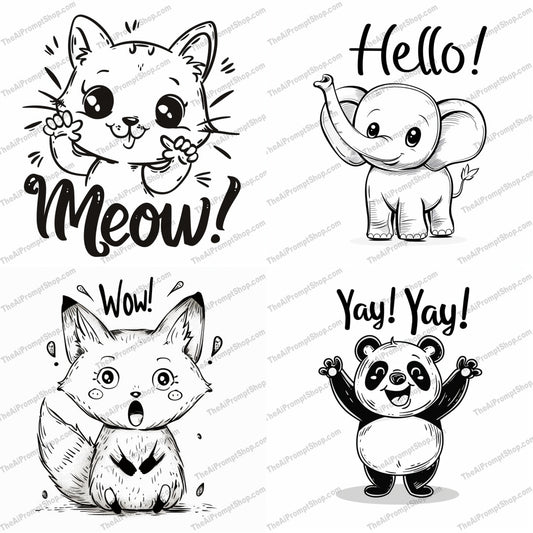 Cute Black and White Animals AI MidJourney Image Prompt, 9045 Animals, midjourney, cute animals, black and white, cat, fox, elephant, panda, hand-drawn, playful, joyful, adorable, line art, cartoon style, sketch, illustration, kids art, whimsical, minimalist, sweet, expressive, fun, Midjourney, Ai, Ai Image Prompt, Image Prompt, Prompt