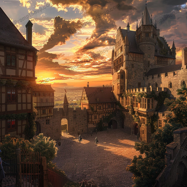 Medieval European Village at Sunset AI MidJourney Image Prompt, 9002 Landscapes & Paintings, midjourney, medieval, village, sunset, European, architecture, illustration, dramatic lighting, serene, historical, detailed, beautiful, vibrant colors, textures, ancient, buildings, marketplace, castle, scenic, picturesque, art, Midjourney, Ai, Ai Image Prompt, Image Prompt, Prompt