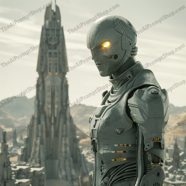 Futuristic Sovereign Chronicles AI MidJourney Image Prompt, 8406advanced robot, Ai, Ai Image Prompt, cloaked figure, cutting-edge technology, cybernetic, desert landscape, dramatic, dystopian, Fantasy, futuristic, futuristic medieval, glowing eye, Image Prompt, majestic hall, midjourney, ornate apparel, Prompt, regal characters, robot, royalty, sci-fi, stark architecture, technological designs, visionary