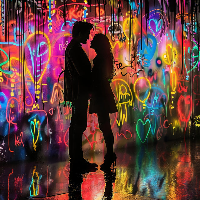 Colorful Nighttime Romance AI MidJourney Image Prompt, 8775 Storybook Illustrations, midjourney, romance, night, colorful, neon, silhouettes, couple, intimate, artistic, splashes, vibrant, love, urban, reflections, nightlife, dreamy, electric, bright, modern art, city lights, passion, relationship, Midjourney, Ai, Ai Image Prompt, Image Prompt, Prompt