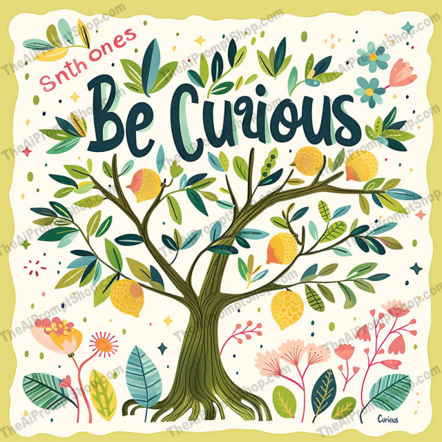 Be Curious: Nature's Wonders AI MidJourney Image Prompt, 8022artistic, be curious, creative, exploration, inspirational, midjourney, motivational, mountain, mushroom, nature, playful, positive message, rainbow, tree, typography, whimsical
