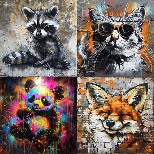 Street Art Style Animal Portrait AI MidJourney Image Prompt, 8872 Animals, midjourney, street art, animal portrait, raccoon art, expressive eyes, mixed media, urban art, whimsical, textured painting, graffiti style, wildlife, vibrant colors, outdoor art, detailed fur, artistic illustration, creative, modern art, stylized animal, urban wildlife, edgy art, unique design, Midjourney, Ai, Ai Image Prompt, Image Prompt, Prompt