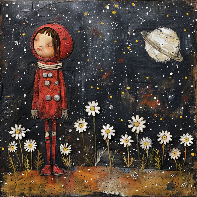 Whimsical Cosmic Adventures AI MidJourney Image Prompt, 8010artistic, childhood dreams, children, cosmic, creative, dreamy, exploration, handmade textures, imagination, midjourney, planets, playful, space, stars, universe, whimsical
