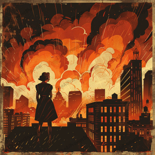 Dramatic Illustrated Cataclysms AI MidJourney Image Prompt, 8192bold colors, cityscape, destructionmidjourney, disaster, dramatic illustrated cataclysm, dynamic composition, emotional impact, explosion, family, human adversity, intense artwork, nature, nature's fury, single image, soldier, storm, war