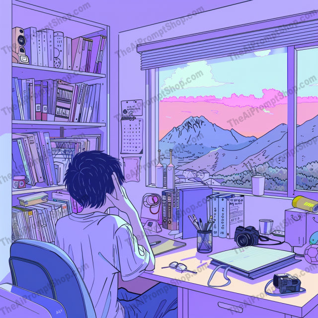 Whimsical Study Moments AI MidJourney Image Prompt, 9469 Anime, midjourney, whimsical, study, serene, characters, nostalgic, environment, mellow colors, tranquil, imaginative, desks, books, stationery, clock, interior, shelves, window, mountain view, desk setup, toys, reading, learning, Midjourney, Ai, Ai Image Prompt, Image Prompt, Prompt