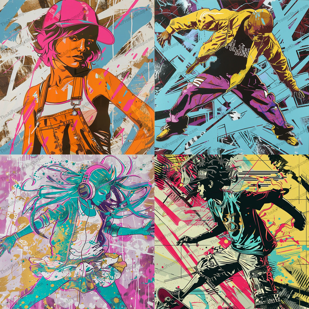 Dynamic Urban Street Art AI MidJourney Image Prompt, 9337 Animation & Cartoons, midjourney, urban, street art, graffiti, colorful, dynamic, hip-hop, fashion, expressive, modern, edgy, youth, vibrant, illustration, art, style, bold, characters, trendy, cool, pop culture, Midjourney, Ai, Ai Image Prompt, Image Prompt, Prompt