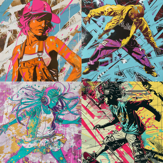 Dynamic Urban Street Art AI MidJourney Image Prompt, 9337 Animation & Cartoons, midjourney, urban, street art, graffiti, colorful, dynamic, hip-hop, fashion, expressive, modern, edgy, youth, vibrant, illustration, art, style, bold, characters, trendy, cool, pop culture, Midjourney, Ai, Ai Image Prompt, Image Prompt, Prompt