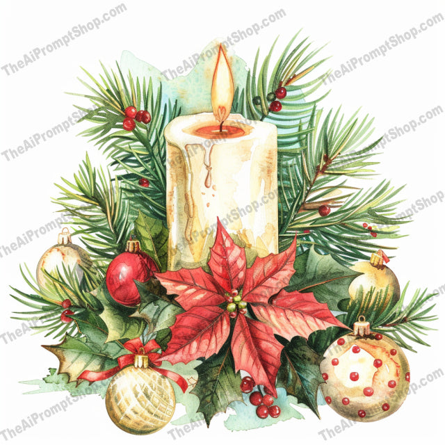 Vintage Christmas Watercolor AI MidJourney Image Prompt, 8391Ai, Ai Image Prompt, artwork, candle, charm, Christmas, classic, decorations, elegant, evergreen, festive, foliage, gifts, holiday, Holidays, Image Prompt, midjourney, nostalgic, ornaments, Prompt, sleigh, stocking, tradition, tree, vintage, warmth, watercolor