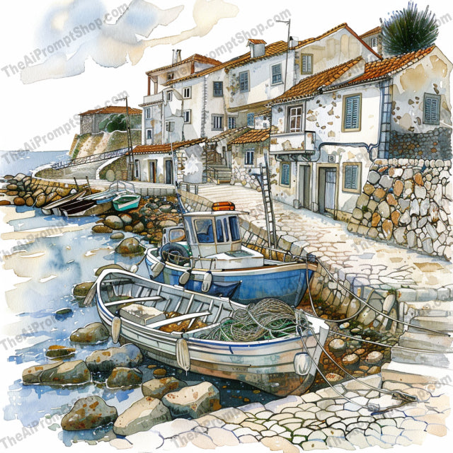 Charming Mediterranean Streetscape AI MidJourney Image Prompt, 8667Ai, Ai Image Prompt, architecture, art, charming, cobblestone, Europe, greenery, heritage, illustration, Image Prompt, Landscapes & Paintings, Mediterranean, midjourney, nature, painting, paths, peaceful, potted plants, Prompt, quaint, rustic buildings, serene, streetscape, village, watercolor