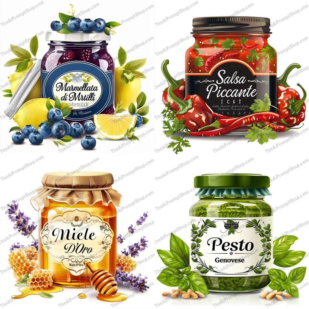 Exquisite Food Packaging AI MidJourney Image Prompt, 9406 Mockups - Products, midjourney, food packaging, gourmet, artisanal, elegant, vibrant, illustration, fresh ingredients, luxurious, detailed imagery, artistic, decorative labels, jars, preserves, pesto, honey, spicy sauce, blueberries, lemons, honeycomb, lavender, peppers, basil, pine nuts, Midjourney, Ai, Ai Image Prompt, Image Prompt, Prompt