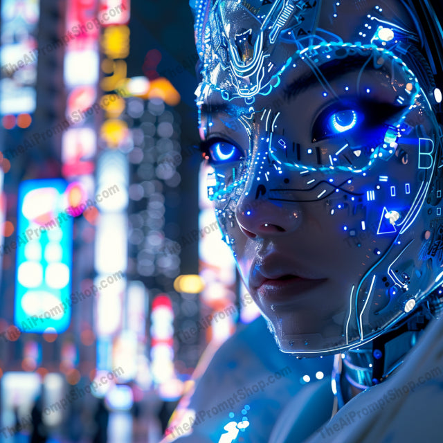Futuristic Robot with Cityscape AI MidJourney Image Prompt, 9171 Futuristic, midjourney, futuristic, robot, cityscape, neon lights, hyper-realistic, mechanical, technology, metropolitan, dystopian, cyberpunk, metallic textures, sci-fi, urban, innovation, advanced, detail, intricate design, modern, city life, tech, futurism, Midjourney, Ai, Ai Image Prompt, Image Prompt, Prompt