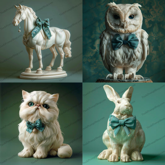 Charming Animal Sculptures AI MidJourney Image Prompt, 9021 Animals, midjourney, animal sculptures, elegant decor, sophisticated design, whimsical art, charming sculptures, home decor, collectibles, elegant bows, animal figures, interior design, art pieces, horse sculpture, cat sculpture, rabbit sculpture, unique art, decorative items, charming decor, artistic sculptures, animal decor, elegant collection, Midjourney, Ai, Ai Image Prompt, Image Prompt, Prompt