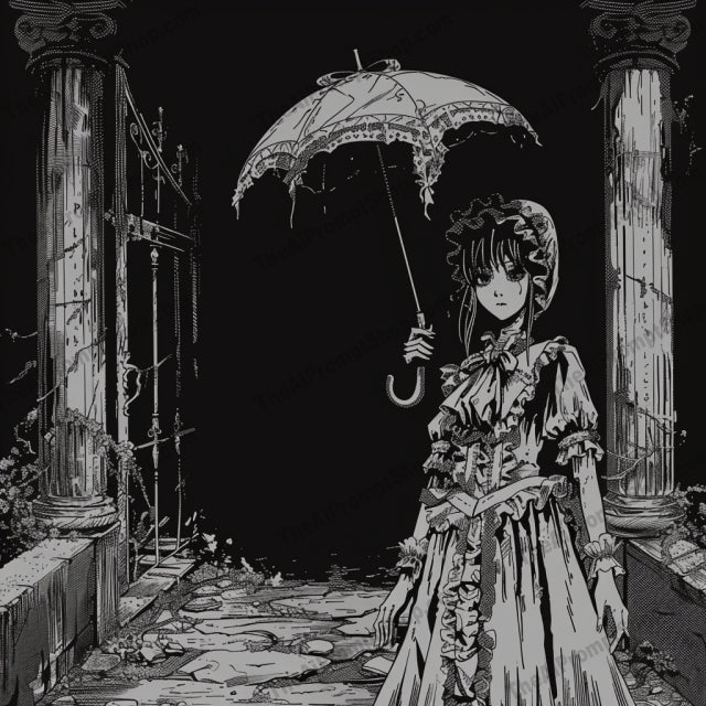 Gothic Noir Illustrations AI MidJourney Image Prompt, 8213atmospheric, dark, eerie, elegance, enigmatic, flowers, girl, gothic noir, haunting, illustration art, intriguemidjourney, mystery, night lantern, suspense, teddy bear, umbrella, vintage
