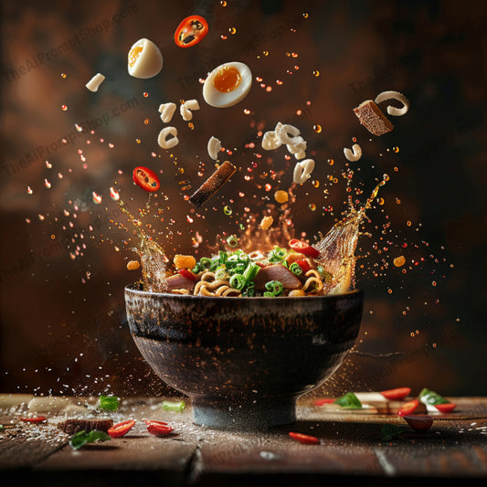 Dynamic Food Photography AI MidJourney Image Prompt, 8201creative marketingmidjourney, culinary delights, dynamic food photography, explosion, food enthusiasts, high-energy, ingredients, mid-air motion, sensory experience, splash, vibrant, visual feast
