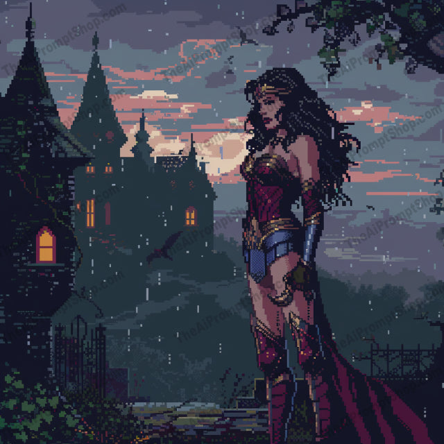 Pixel Art Superheroes AI MidJourney Image Prompt, 9238 Animation & Cartoons, midjourney, pixel art, superheroes, gothic, dark, night, castle, Batman, Iron Man, Wonder Woman, vampire, moonlight, mysterious, detailed, intricate, 8-bit, retro, digital art, character design, fantasy, vigilante, Midjourney, Ai, Ai Image Prompt, Image Prompt, Prompt