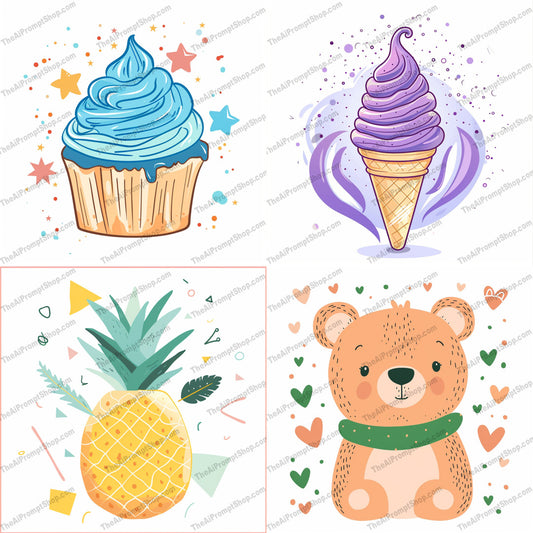 Cute and Colorful Illustrations AI MidJourney Image Prompt, 9628 Food, midjourney, cute, colorful, illustrations, whimsical, charm, cupcake, ice cream, pineapple, bear, playful, bright, fun, adorable, sweet, cartoon, childlike, joyful, happy, graphic design, art, Midjourney, Ai, Ai Image Prompt, Image Prompt, Prompt