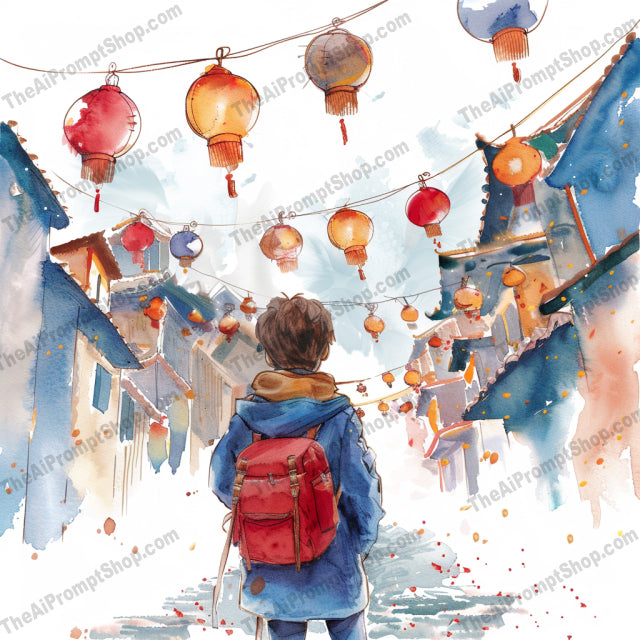 Back View of Travelers in Winter AI MidJourney Image Prompt, 8769 Animals, midjourney, travelers, winter, back view, winter fashion, scenic, exploration, lanterns, backpacks, winter coats, snow, cozy, scarf, beanie, outdoor market, street view, winter village, lanterns, artistic, beautiful, watercolor, Midjourney, Ai, Ai Image Prompt, Image Prompt, Prompt