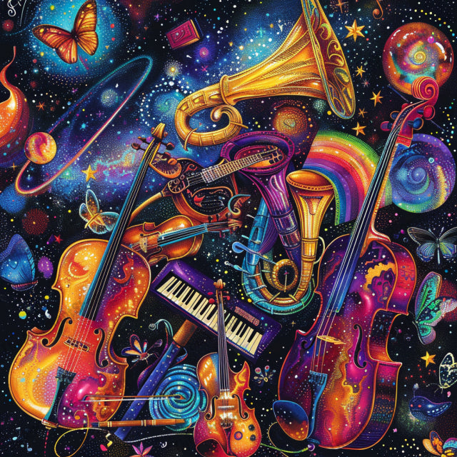 Colorful Cosmic Illustrations AI MidJourney Image Prompt, 9346 Food, midjourney, cosmic, colorful, whimsical, flora, fauna, musical instruments, geometric shapes, starry background, vibrant, fantastical, planets, astronomy, space, animals, fruits, vegetables, birds, elephants, butterflies, patterns, Midjourney, Ai, Ai Image Prompt, Image Prompt, Prompt
